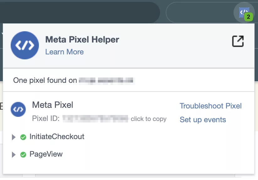 Meta Pixel Helper - aktvivní stav i zaznamenávané události